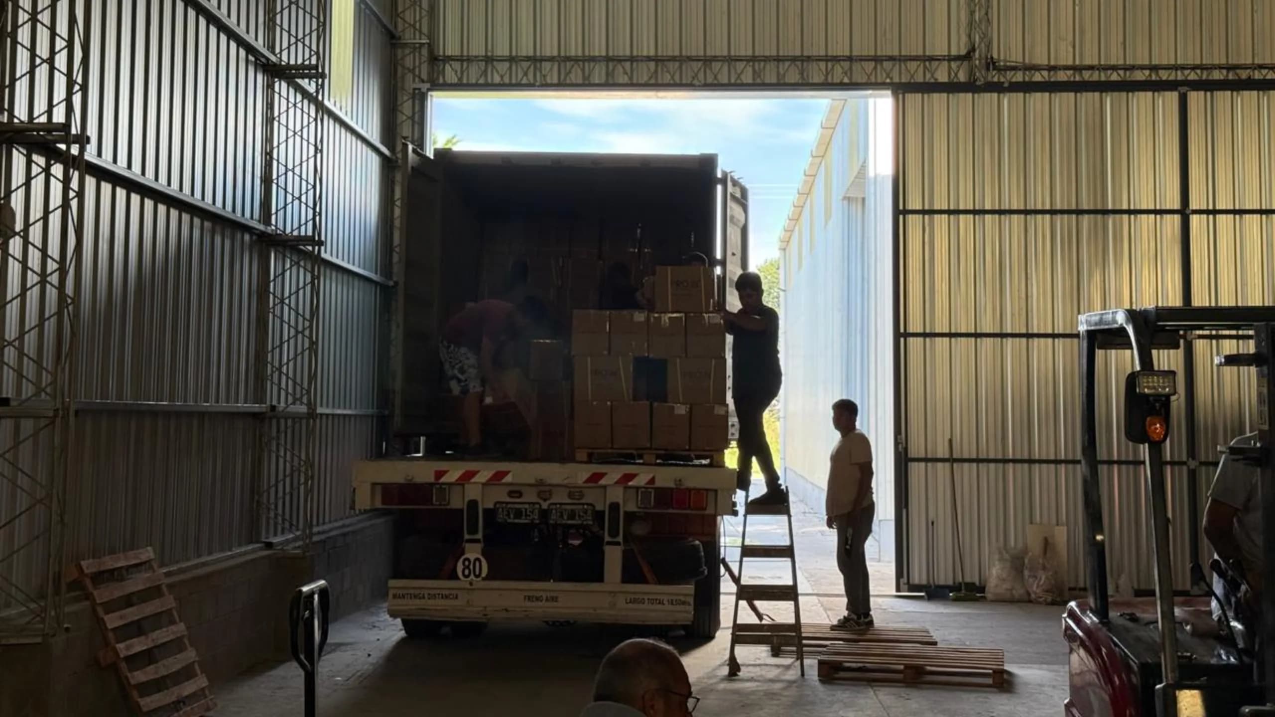 Descarga de un camión con mercadería PROIN en el portón del depósito de Roldán