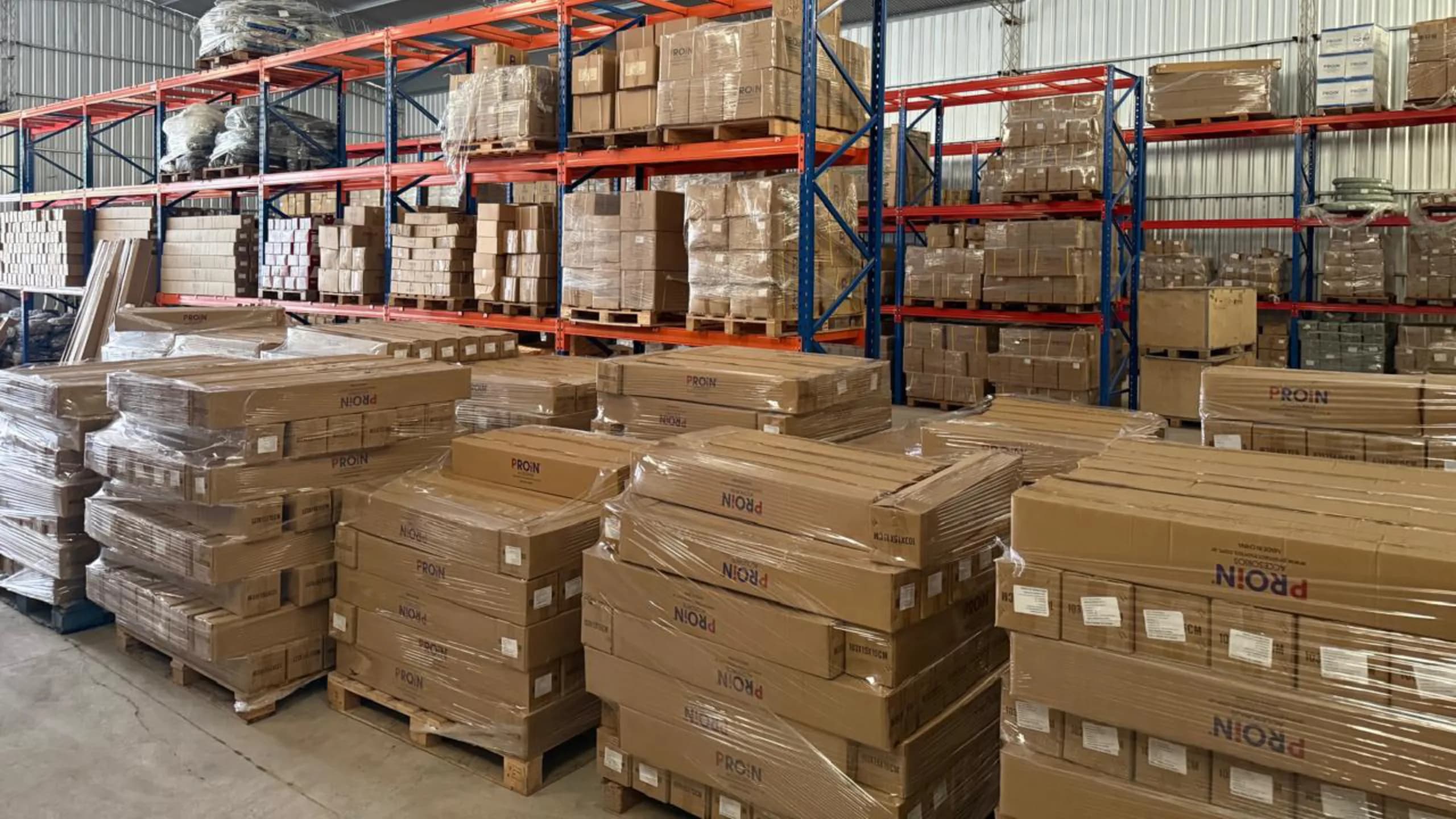 Racks y pallets con cajas PROIN en la nave de almacenamiento de Roldán