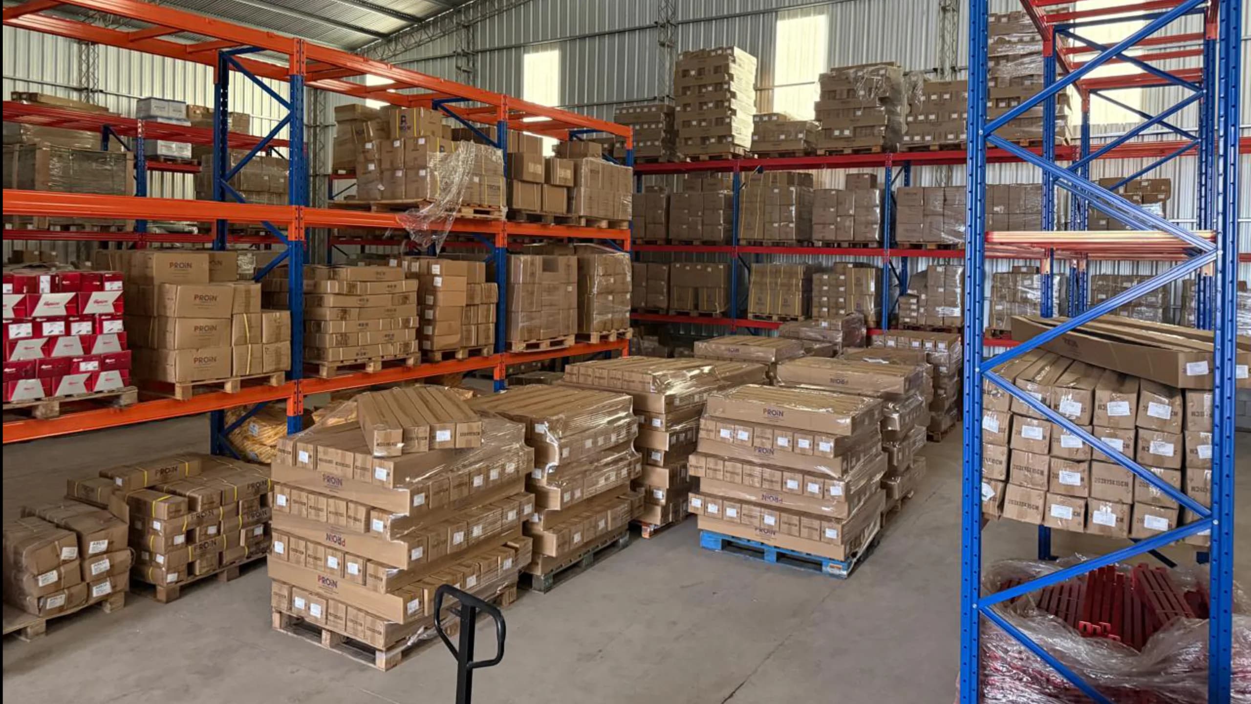 Amplia nave de almacenamiento con racks y pallets de productos PROIN