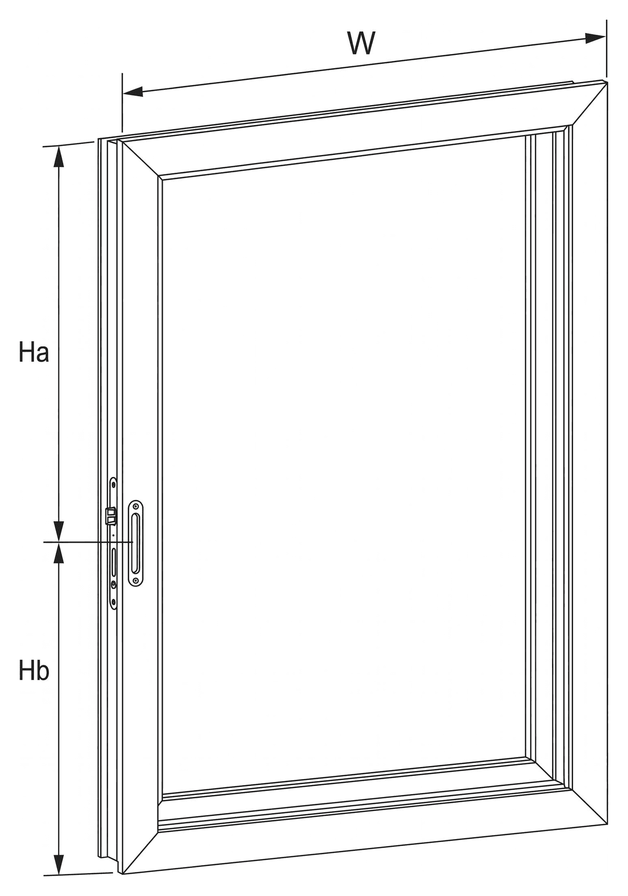 Hoja de ventana con las cotas W (ancho), Ha (del eje de la manija al borde superior) y Hb (del eje de la manija a la base)